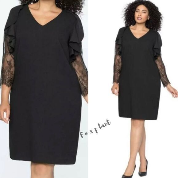 NEW Eloquii‎ black lace long sleeves ruffle dress, size 14 - Picture 1 of 16